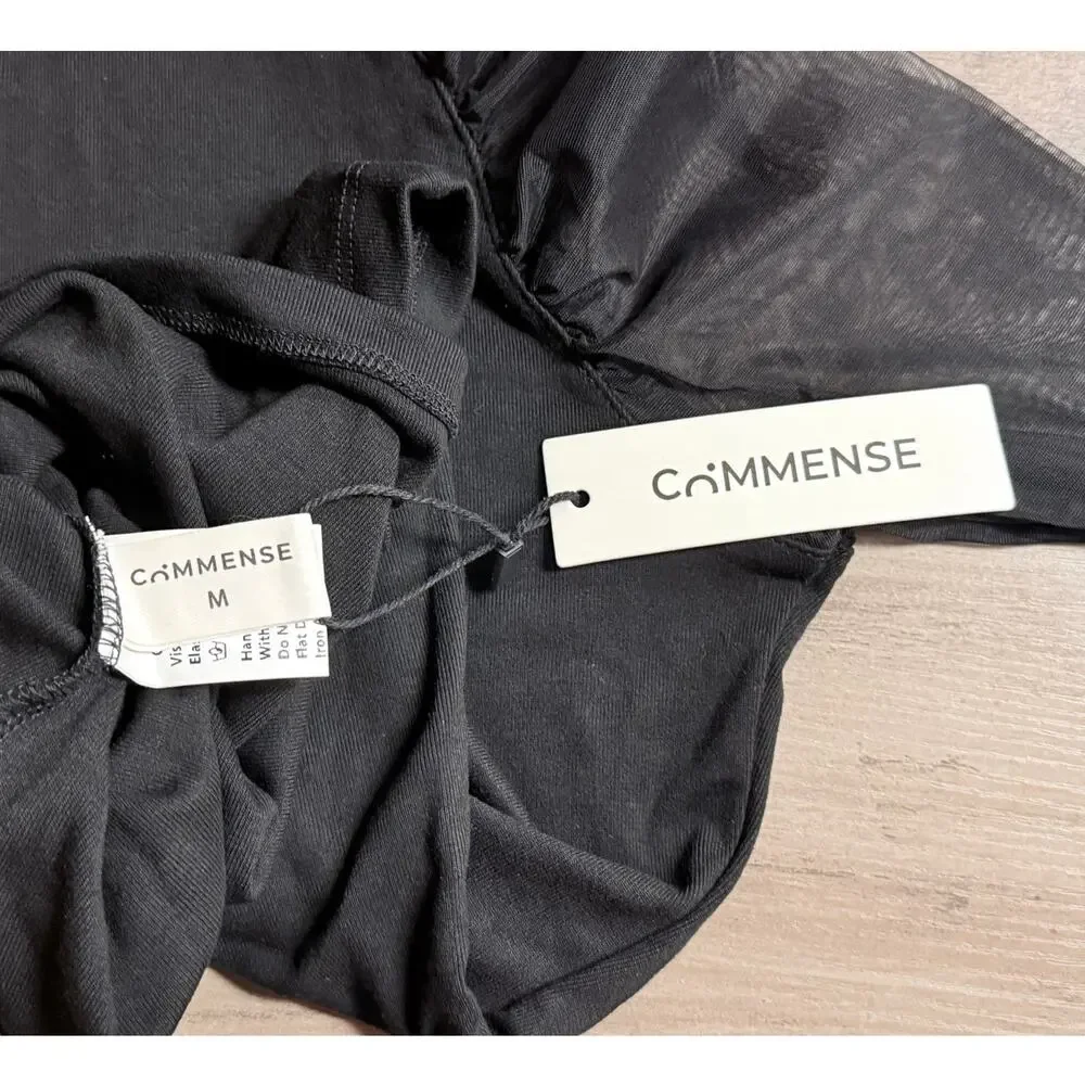 Commense Stand Collar Sheer Sleeve Fitted Blouse Black Women’s Size M - Picture 6 of 9